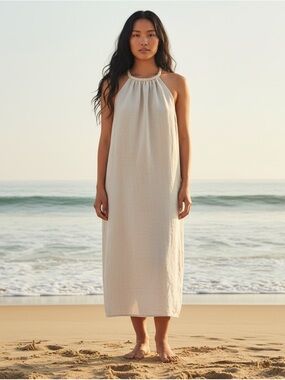 Elephant 100% Linen Sleeveless Halter Maxi Dress Women’s SZ Medium in Ecru